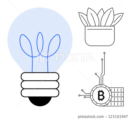 Lightbulb design with plant inside, potted plant, and cryptocurrency symbol. Simple lines, modern style. Ideal for innovation, eco-friendly concepts, digital currency, growth, and technology themes 123181997