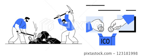 Two people mining cryptocurrency with tools and hands placing coins into a box labeled ICO. Ideal for cryptocurrency education, blockchain technology, investment, fintech, and digital transactions 123181998