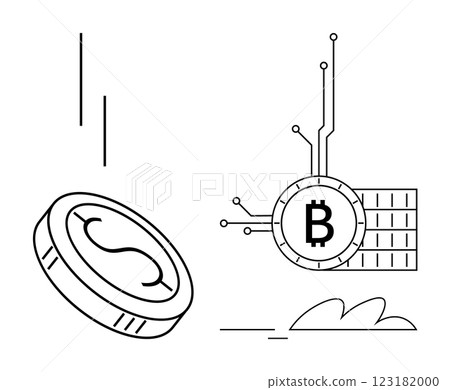A digital coin and a Bitcoin symbol with circuit-like lines. Ideal for cryptocurrency, blockchain technology, digital finance, FinTech, and investment themes. Clean, simple, modern style 123182000
