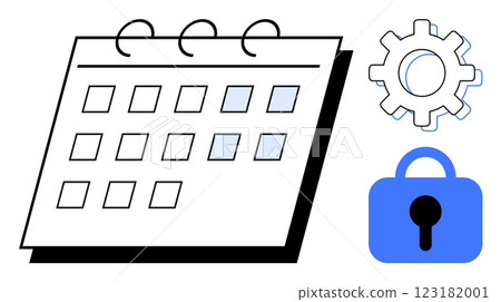 Calendar paired with a gear symbol and padlock. Ideal for time management, schedules, planning, security, and settings themes. Simplistic, modern vector style with blue and white colours 123182001