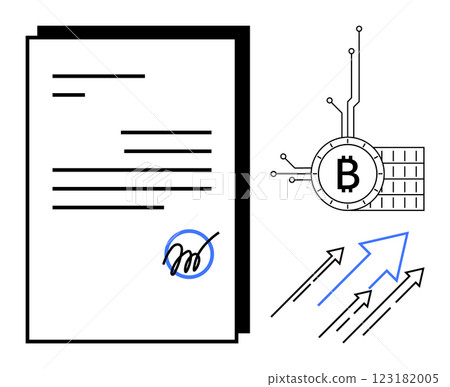 Document with a signature next to a Bitcoin symbol connected to digital lines, and upward arrows. Ideal for blockchain, cryptocurrency, smart contracts, digital finance, and fintech. Minimalist 123182005