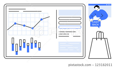 Analytics dashboard with graphs and charts alongside a cashback offer icon and shopping bag. Ideal for financial analysis, e-commerce, marketing strategies, cashback programs, and data visualization Analytics dashboard with graphs and charts alongside a cashback offer icon and shopping bag. Ideal for financial analysis, e-commerce, marketing strategies, cashback programs, and data visualization 123182011