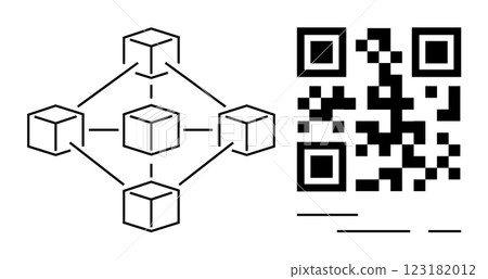 Blockchain network interconnected cubes and a QR code. Ideal for technology, digital transactions, data security, innovation, and modern communication visuals. Simplistic, minimalist, modern style Blockchain network interconnected cubes and a QR code. Ideal for technology, digital transactions, data security, innovation, and modern communication visuals. Simplistic, minimalist, modern style 123182012
