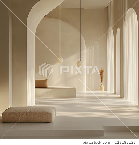 A soft cushion rests on a wooden floor in an empty space. The sunlight filters through the window, casting gentle geometric shadows, creating a calming and peaceful atmosphere AI generated 123182125