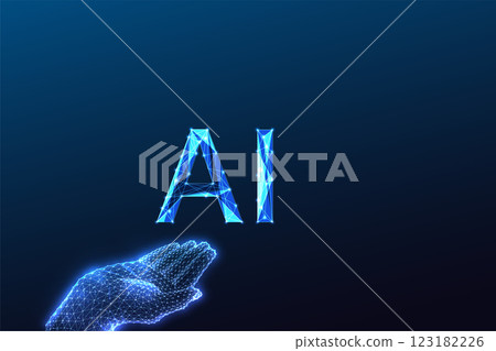 Artificial intelligence futuristic concept with glowing wireframe hand presenting the letters AI.  123182226