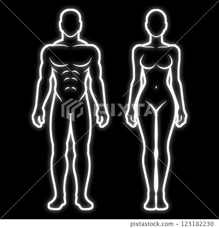 White glowing line silhouette illustration of healthy adult male and female figures, cut out on black background 123182230