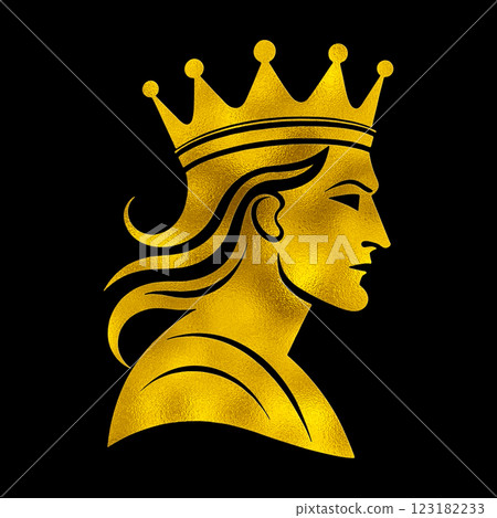 金色剪影插圖，描繪了一位戴著王冠的國王的側面像，背景為黑色 123182233