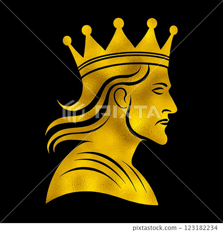 金色剪影插圖，描繪了一位戴著王冠的國王的側面像，背景為黑色 123182234