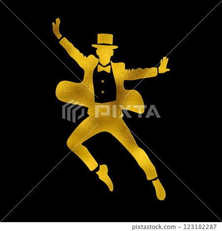 金色剪影插畫：一名身穿燕尾服、頭戴高頂禮帽的男子快樂地跳舞 123182287