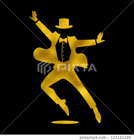 金色剪影插畫：一名身穿燕尾服、頭戴高頂禮帽的男子快樂地跳舞 123182289
