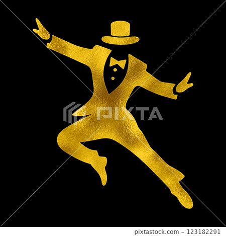 金色剪影插畫：一名身穿燕尾服、頭戴高頂禮帽的男子快樂地跳舞 123182291