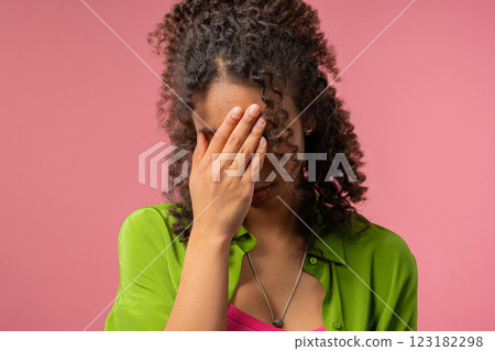 Worried confused african woman, no, forgot. Girl feeling sorrow, regret, failure 123182298