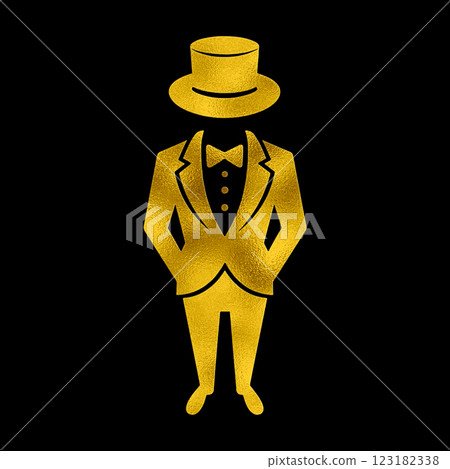 頂視圖為黑色背景上一位身穿燕尾服、頭戴高頂禮帽的男子的金色剪影插圖 123182338