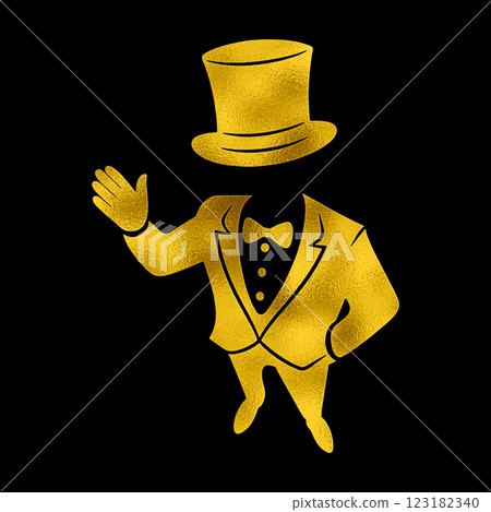 頂視圖為黑色背景上一位身穿燕尾服、頭戴高頂禮帽的男子的金色剪影插圖 頂視圖為黑色背景上一位身穿燕尾服、頭戴高頂禮帽的男子的金色剪影插圖 123182340