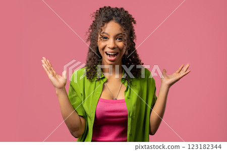 Surprised african teenager girl expresses cant believe, wow, omg. Impressed lady Surprised african teenager girl expresses cant believe, wow, omg. Impressed lady 123182344