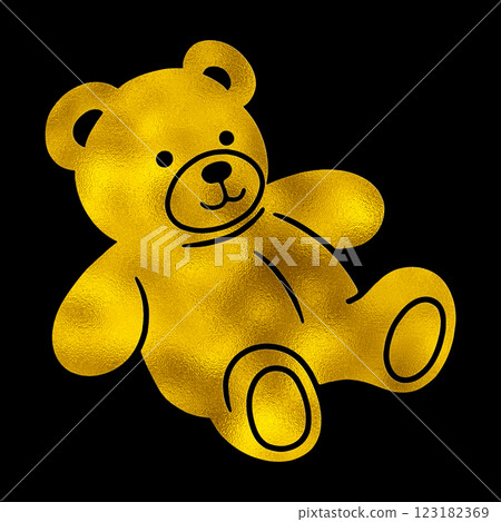 Gold silhouette illustration of a teddy bear in a relaxing pose, cut out on black background 123182369
