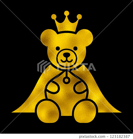 Gold silhouette illustration of a teddy bear wearing a king's cloak and crown, cut out on a black background Gold silhouette illustration of a teddy bear wearing a king's cloak and crown, cut out on a black background 123182387