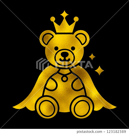 Gold silhouette illustration of a teddy bear wearing a king's cloak and crown, cut out on a black background Gold silhouette illustration of a teddy bear wearing a king's cloak and crown, cut out on a black background 123182389