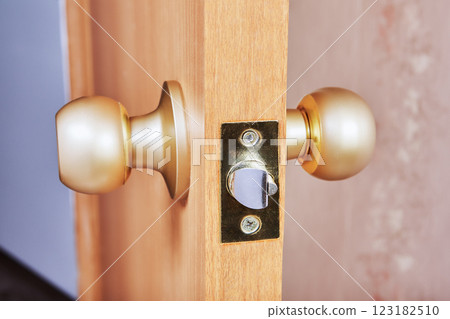 Brass doorknobs are mounted on wooden door with keyhole plate, showing lock mechanism and screws securing assembly. 123182510