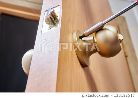 Brass handle attached to internal wooden door, with screwdriver in fastening screws that hold knob baseplate in place. Brass handle attached to internal wooden door, with screwdriver in fastening screws that hold knob baseplate in place. 123182515