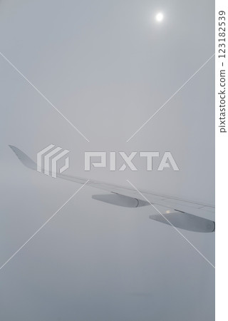 Wing of a passenger plane flying through the fog 123182539
