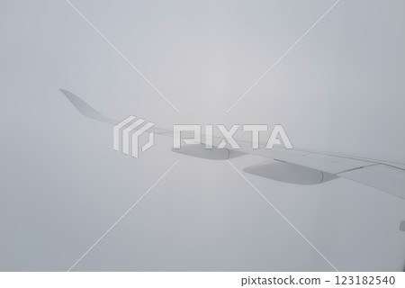 Wing of a passenger plane flying through the fog 123182540