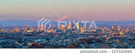 Aerial view of Saitama New City and Mt. Fuji bathed in orange light by the morning sun, Saitama City Aerial view of Saitama New City and Mt. Fuji bathed in orange light by the morning sun, Saitama City 123182660