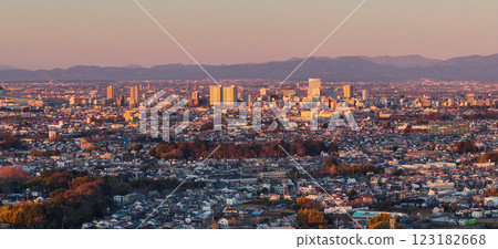 Aerial view of Saitama New City and Mt. Fuji bathed in orange light by the morning sun, Saitama City Aerial view of Saitama New City and Mt. Fuji bathed in orange light by the morning sun, Saitama City 123182668