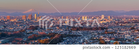 Aerial view of Saitama New City and Mt. Fuji bathed in orange light by the morning sun, Saitama City Aerial view of Saitama New City and Mt. Fuji bathed in orange light by the morning sun, Saitama City 123182669