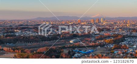 Aerial view of Saitama New City and Mt. Fuji bathed in orange light by the morning sun, Saitama City Aerial view of Saitama New City and Mt. Fuji bathed in orange light by the morning sun, Saitama City 123182670