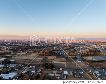Aerial view of Saitama New City and Mt. Fuji bathed in orange light by the morning sun, Saitama City Aerial view of Saitama New City and Mt. Fuji bathed in orange light by the morning sun, Saitama City 123182674
