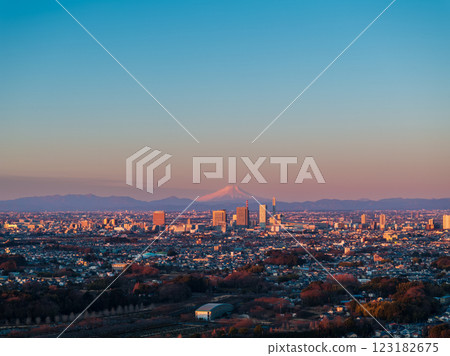 Aerial view of Saitama New City and Mt. Fuji bathed in orange light by the morning sun, Saitama City 123182675