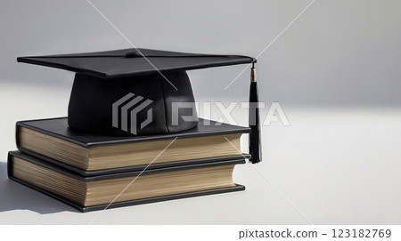 A graduation cap elegantly rests on top of a large stack of books 123182769