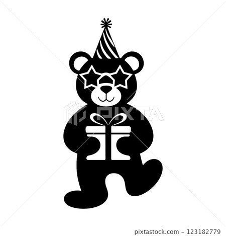 透明背景上戴著派對帽和星形太陽眼鏡、手拿禮物的泰迪熊剪影插圖 123182779