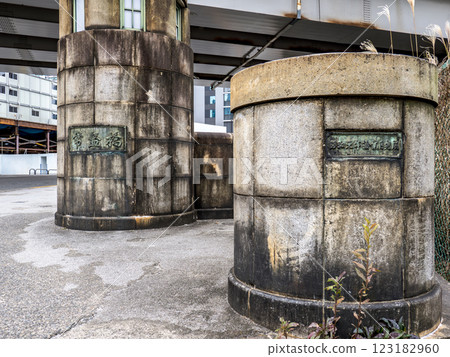 The main pillar and nameplate of "Tokiwabashi" bridge spanning the Nihonbashi River 123182960