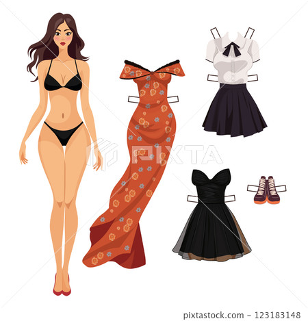 paper doll with a set of clothes. evening dress, short dress, blouse and skirt. vector illustration 123183148