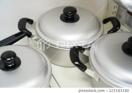 Aluminum pots lined up in a store Aluminum pots lined up in a store 123183180