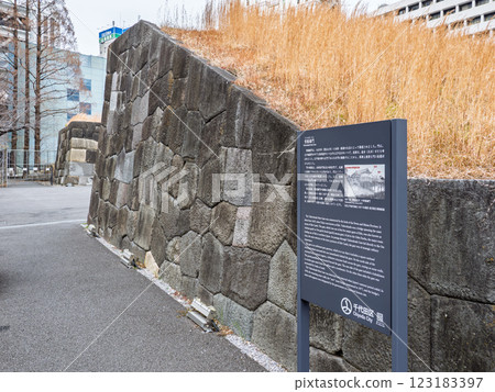 Stone walls and an explanatory board at the nationally designated historic site, Tokiwabashimonato Stone walls and an explanatory board at the nationally designated historic site, Tokiwabashimonato 123183397