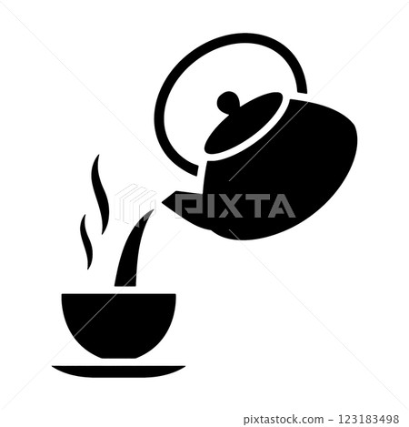 茶從鑄鐵茶壺倒入茶杯的輪廓插圖,在透明背景上切出 茶從鑄鐵茶壺倒入茶杯的輪廓插圖,在透明背景上切出 123183498