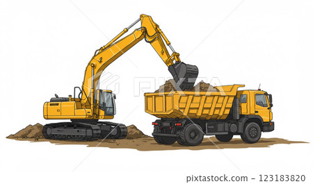 白色背景下挖土機和自卸卡車的圖像 123183820