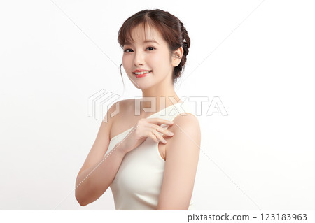 Beautiful young asian woman with clean fresh skin on white background, Face care, Facial treatment, Cosmetology, beauty and spa, Asian women portrait. Beautiful young asian woman with clean fresh skin on white background, Face care, Facial treatment, Cosmetology, beauty and spa, Asian women portrait. 123183963