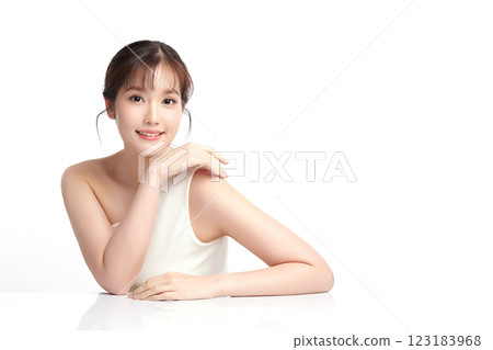 Beautiful young asian woman with clean fresh skin on white background, Face care, Facial treatment, Cosmetology, beauty and spa, Asian women portrait. 123183968