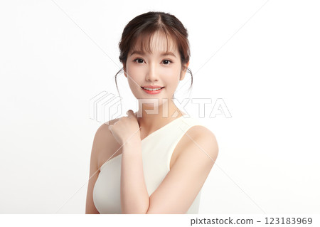 Beautiful young asian woman with clean fresh skin on white background, Face care, Facial treatment, Cosmetology, beauty and spa, Asian women portrait. 123183969