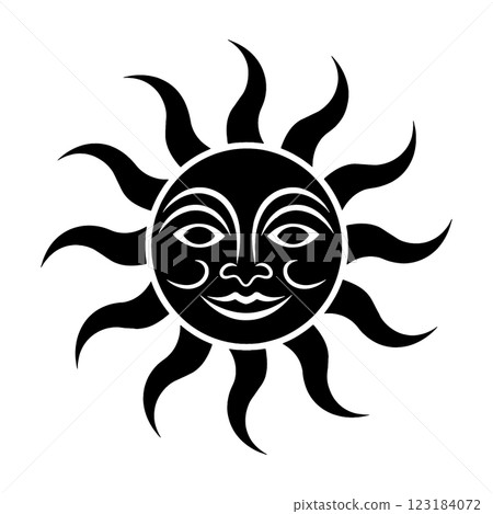 Black silhouette illustration of a sun with an eerie smiling face, cut out on a transparent background 123184072