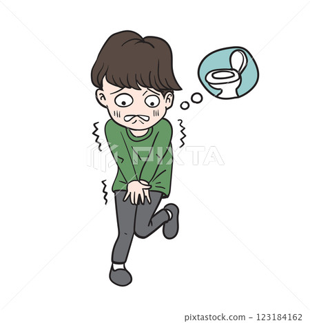 Cartoon of Man waiting for toilet with abdominal pain 123184162