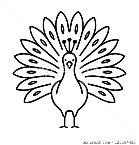 Rough hand-drawn line drawing of a peacock, cut out on transparent background 123184426