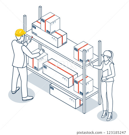 Male and female warehouse workers use barcode scanners to analyze newly arrived goods, ensuring accurate inventory management within the supply chain. 123185247