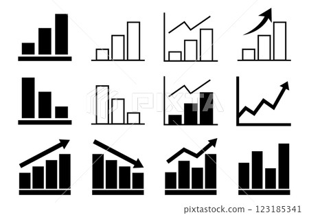 一組帶有上升和下降圖像的條形圖和線圖圖標 123185341