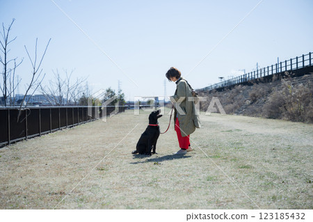 Image of a woman training a dog outdoors, gazing at the dog 123185432
