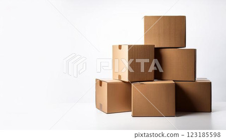 Stacked luggage, cardboard boxes Stacked luggage, cardboard boxes 123185598